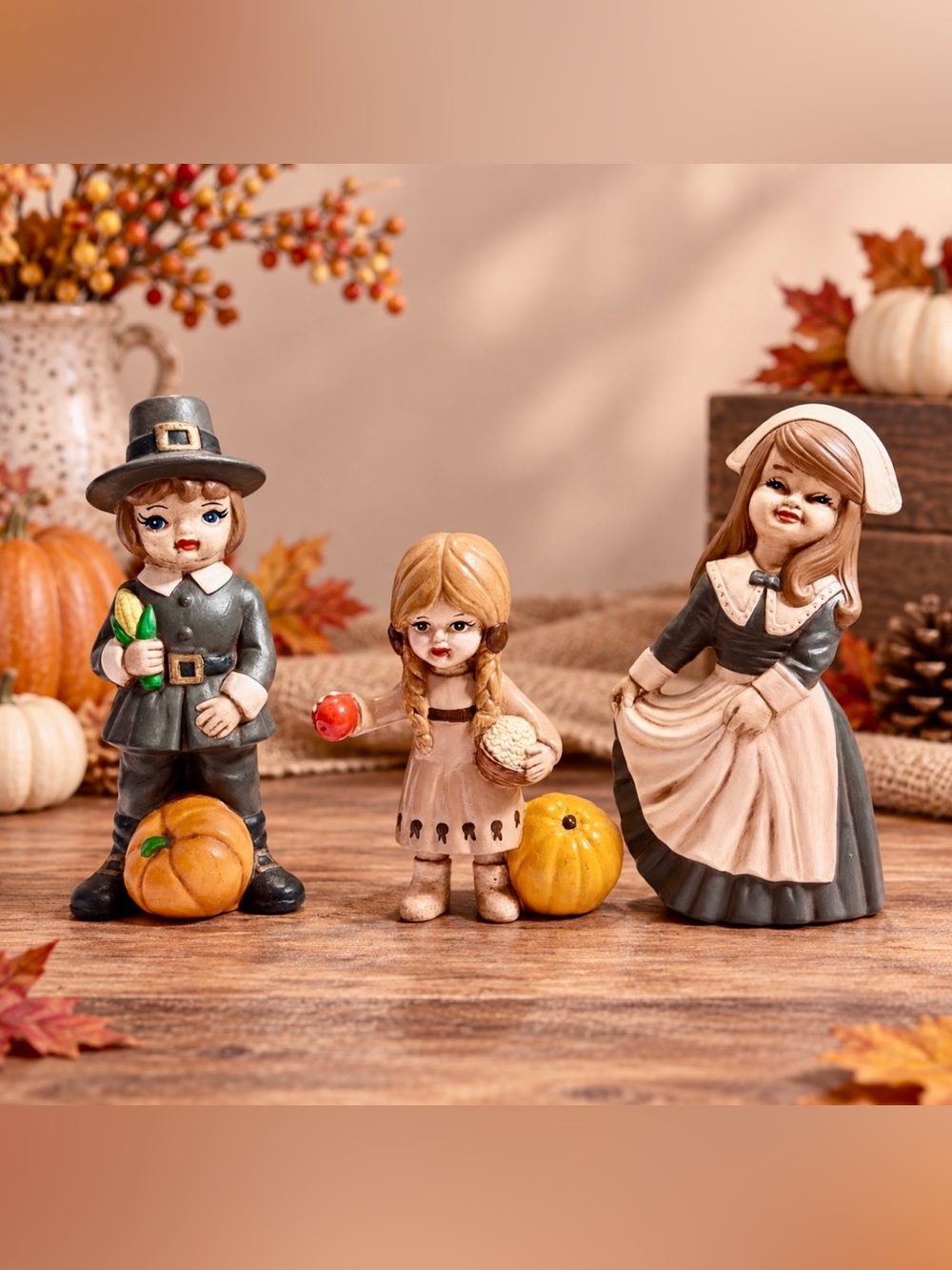 Vintage Thanksgiving Pilgrim Figurine Set of 3 Boy Girl Child Ceramic Decor Fall